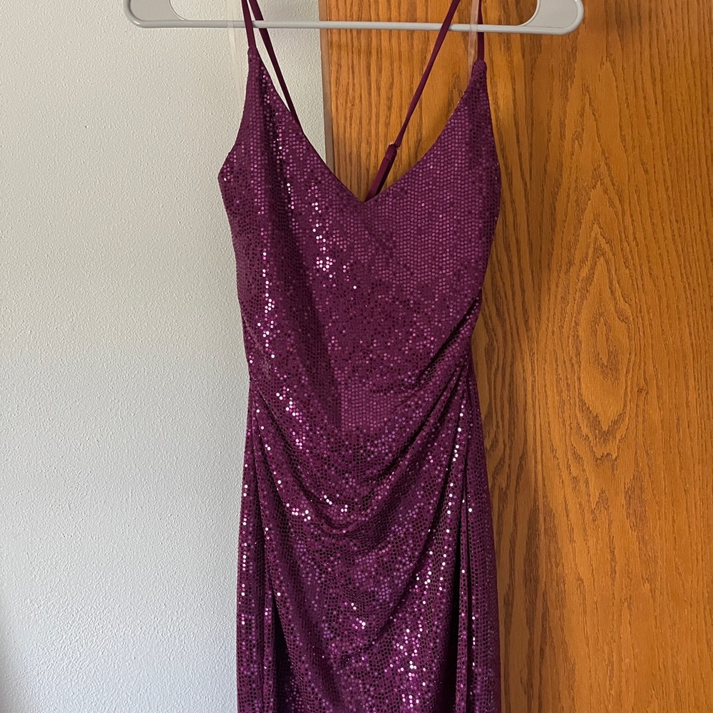 Emerald Sundae Purple Ruched Sequin Slip Dress